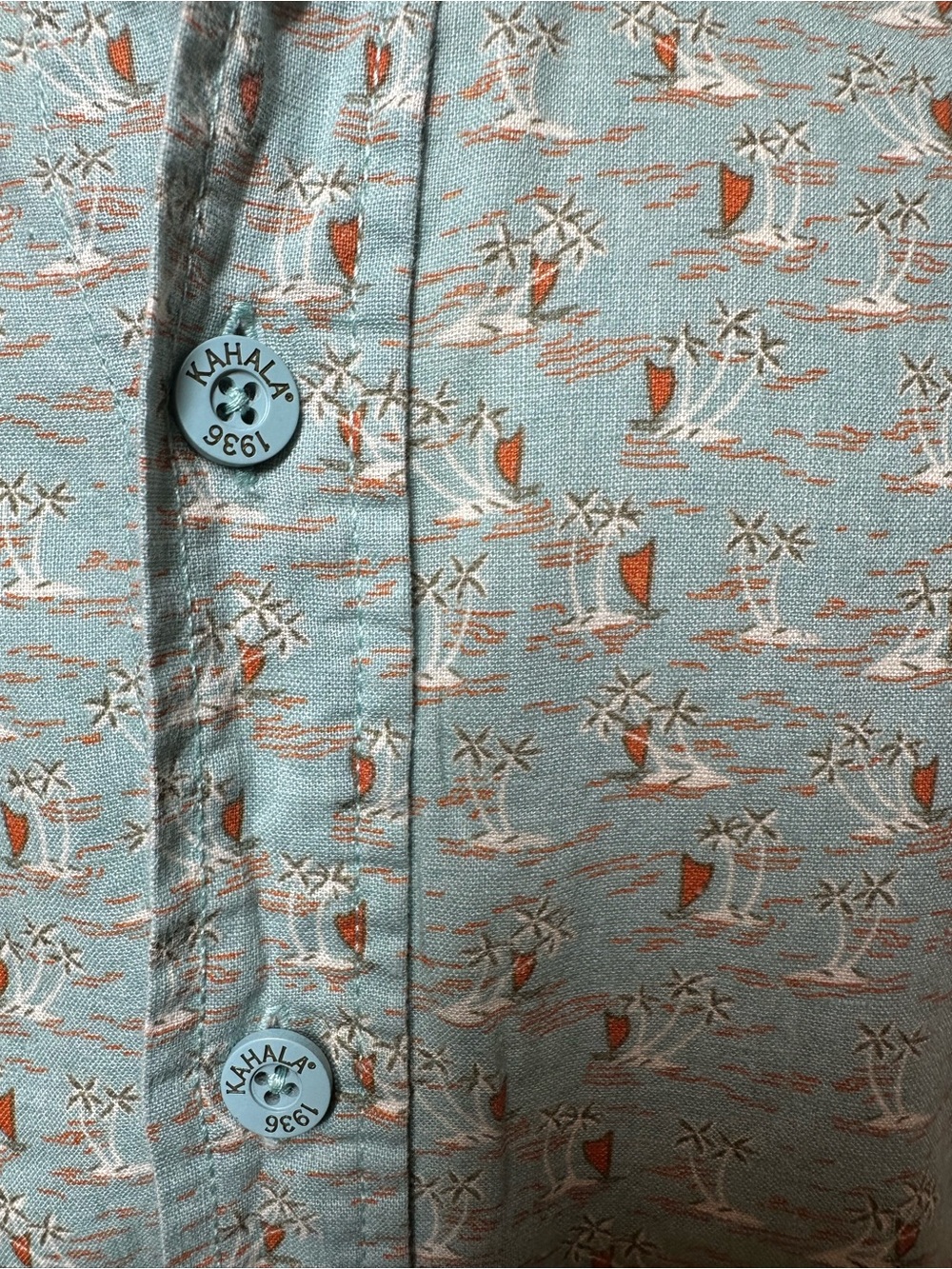 Kahala 1936 Mens XS Linen Cotton Hawaiian Shirt Sailboat Palm Tree Resort Blue